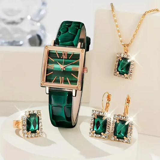 5pcs Elegant Women'S Square Quartz Watch and Jewelry Set, Faux Leather Band